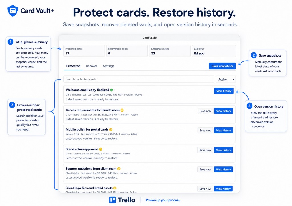 Card Vault+ — protect cards, restore history, and open version history from the board dashboard
