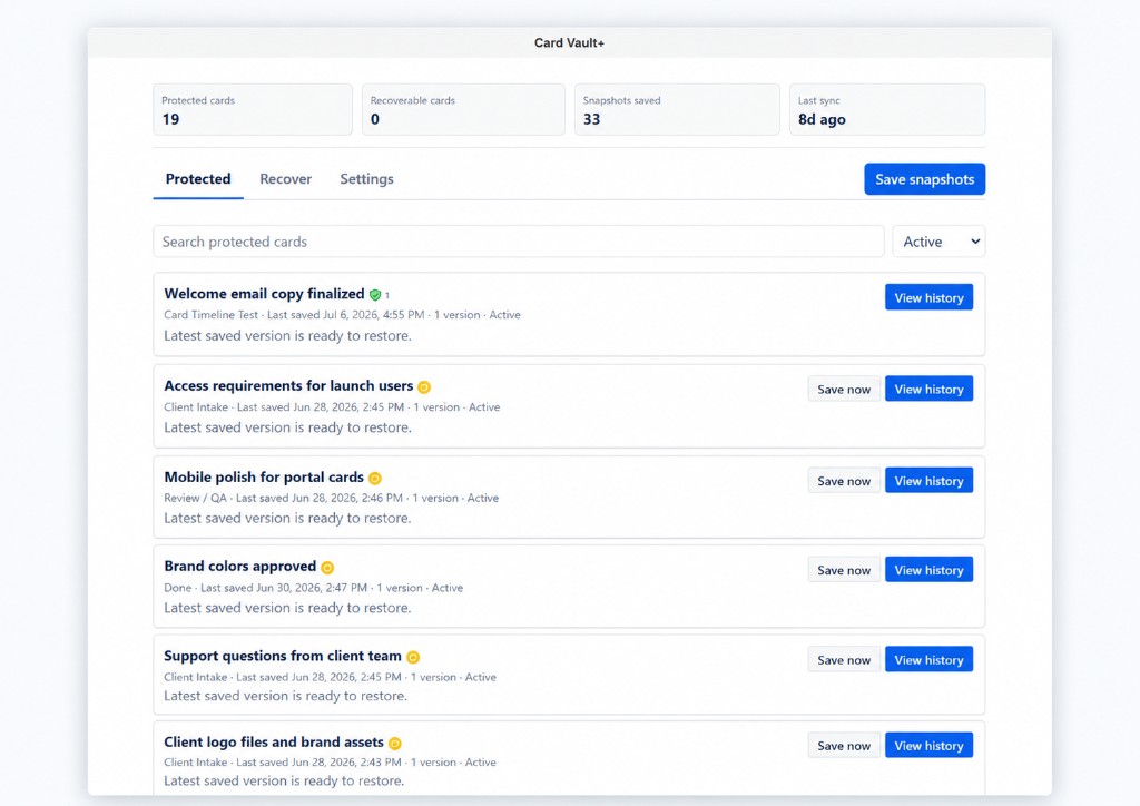 Card Vault+ board dashboard — Protected tab with summary stats and protected card list