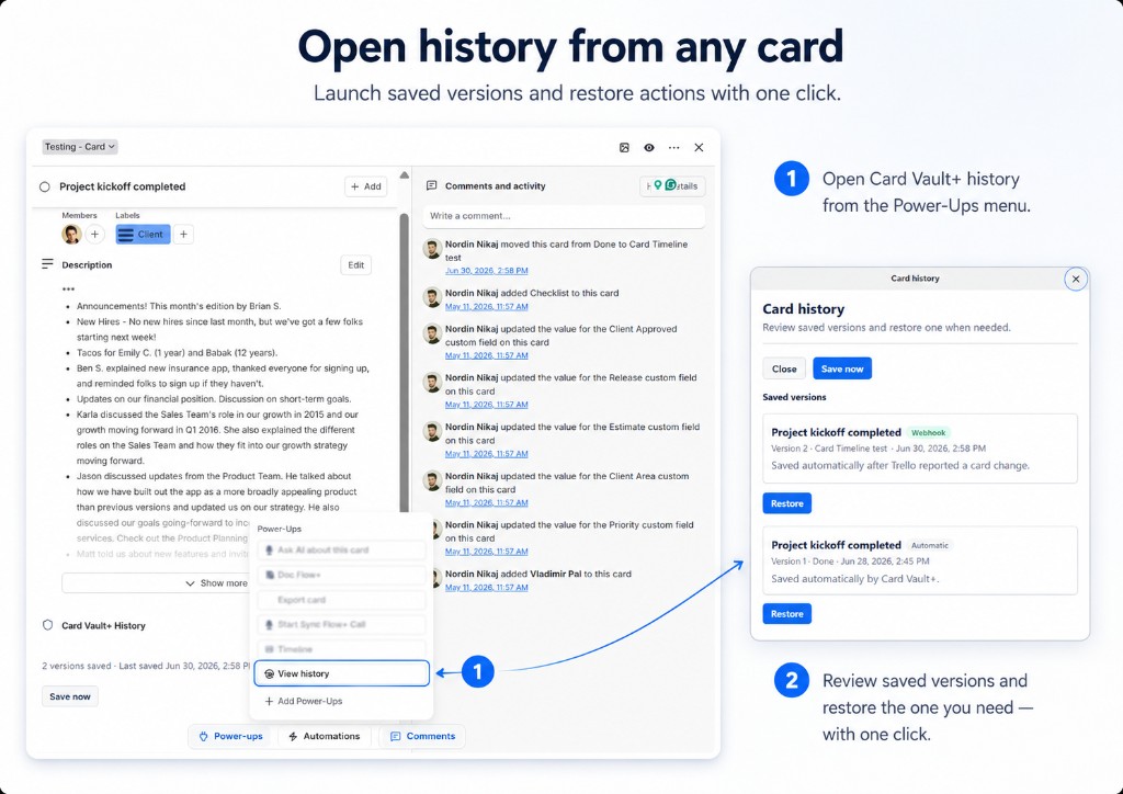Open Card Vault+ history from any card — review saved versions and restore with one click