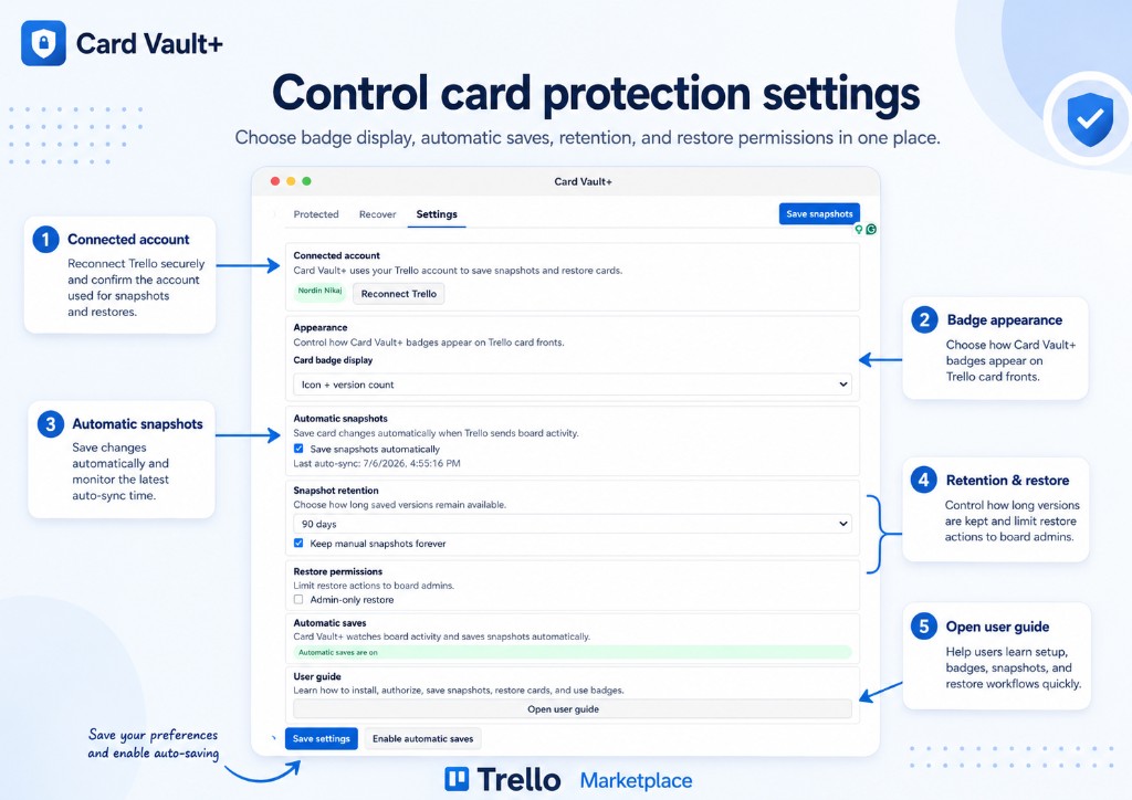 Control card protection settings — badge display, automatic saves, retention, and restore permissions