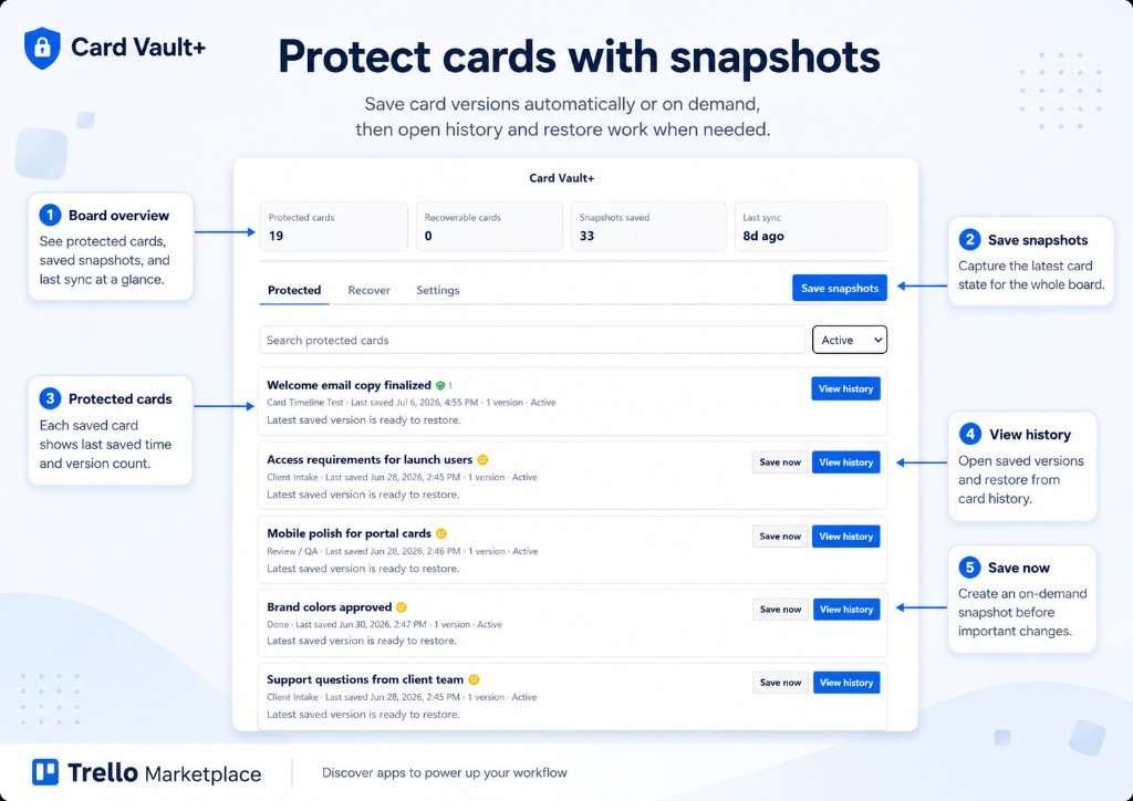 Protect cards with snapshots — save on demand and open history from the Protected tab